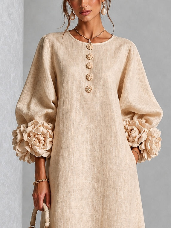 Beige Bloemen Knopen Midi Jurk Met Opvallende Bloemknoopmanchetten