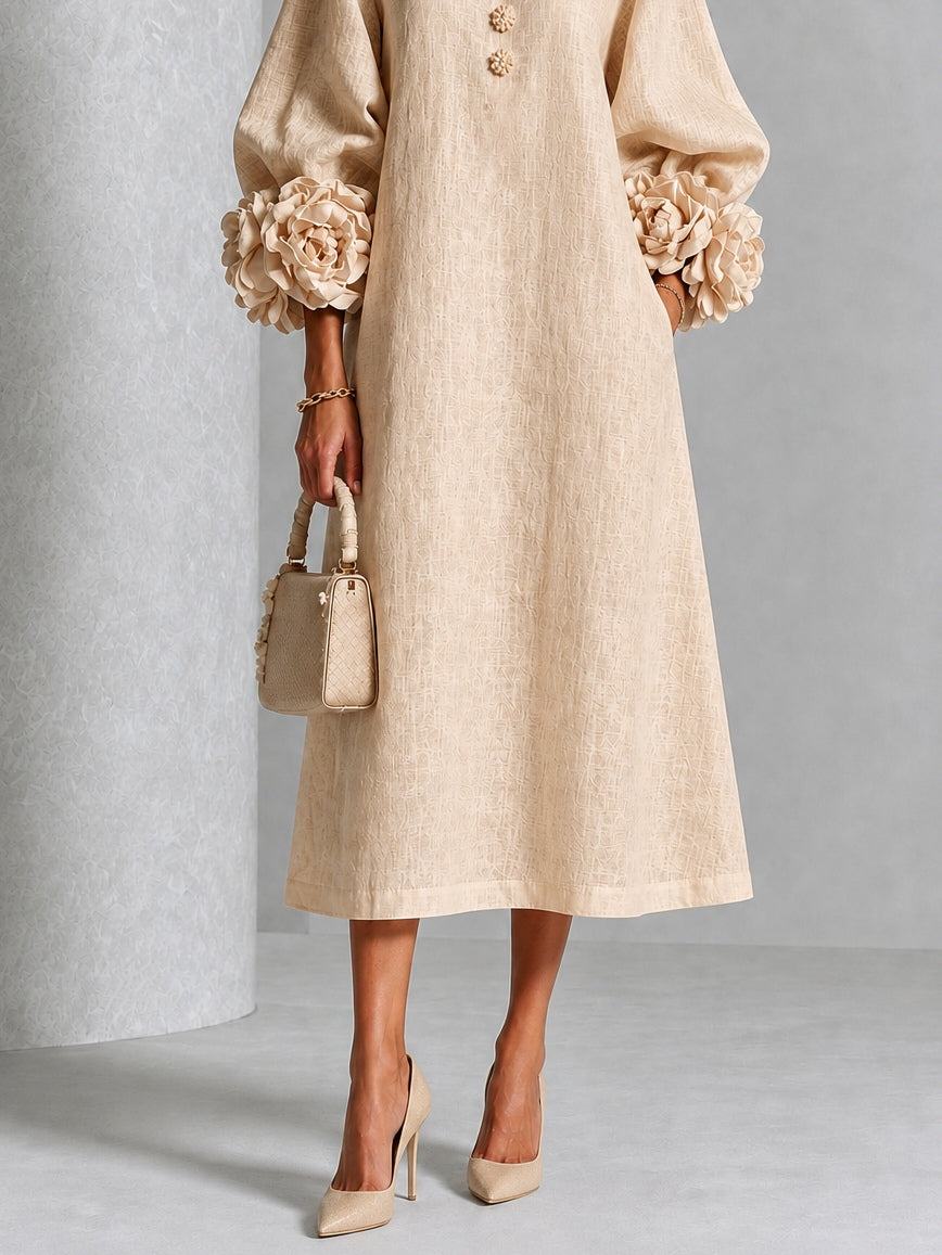 Beige Bloemen Knopen Midi Jurk Met Opvallende Bloemknoopmanchetten