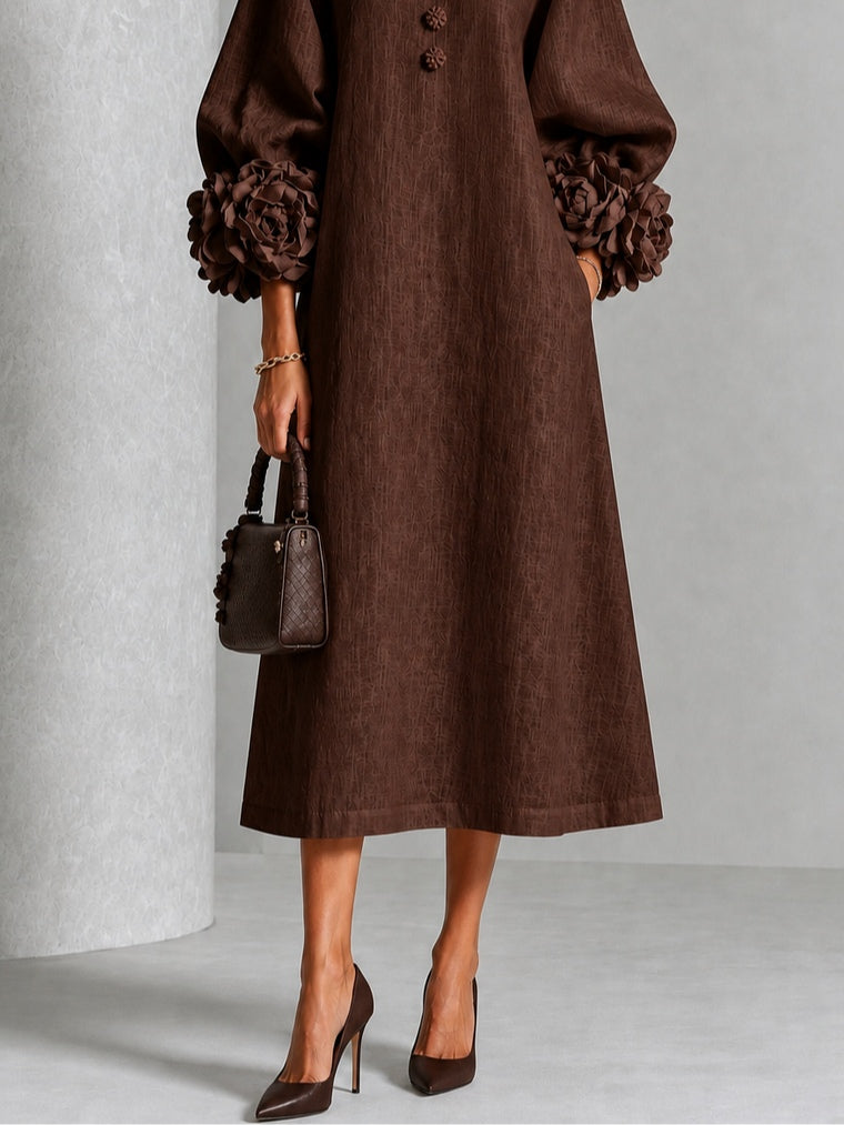Chocoladebruine Bloemen Knop-down Midi Jurk Met Opvallende Bloemenmanchetten