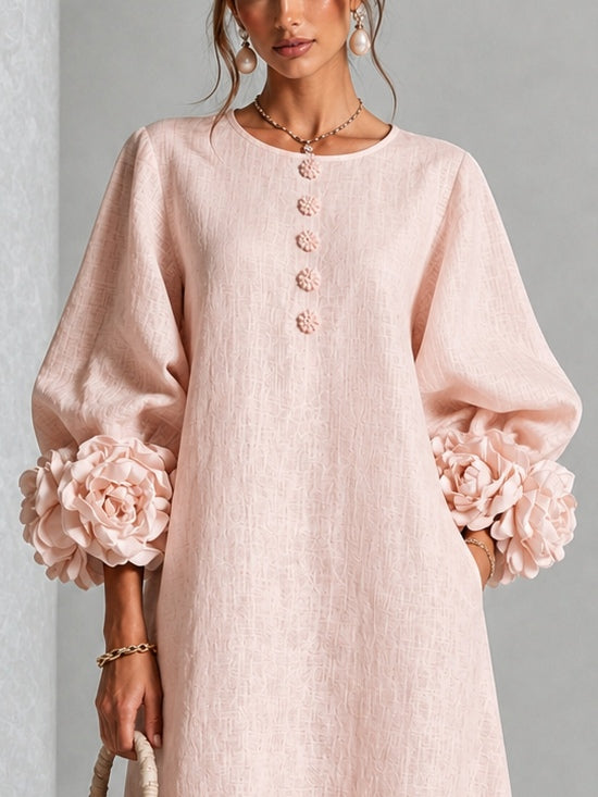 Roze Bloemen Knopen Midi Jurk Met Opvallende Bloemenkraag