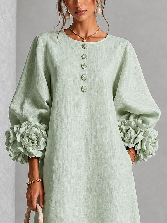 Sage Mist Bloemen Knopen Midi Jurk Met Opvallende Bloemenmanchetten