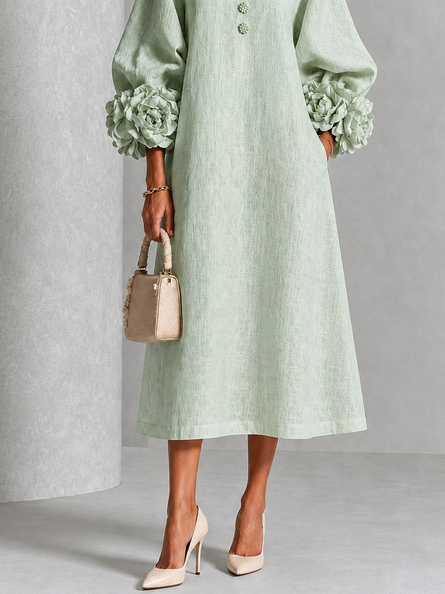 Sage Mist Bloemen Knopen Midi Jurk Met Opvallende Bloemenmanchetten