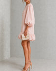 Roze Bloemen Knop-Front Rimpel Mouw Mini Jurk