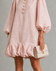 Roze Bloemen Knop-Front Rimpel Mouw Mini Jurk