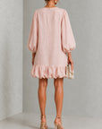Roze Bloemen Knop-Front Rimpel Mouw Mini Jurk