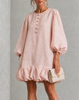 Roze Bloemen Knop-Front Rimpel Mouw Mini Jurk