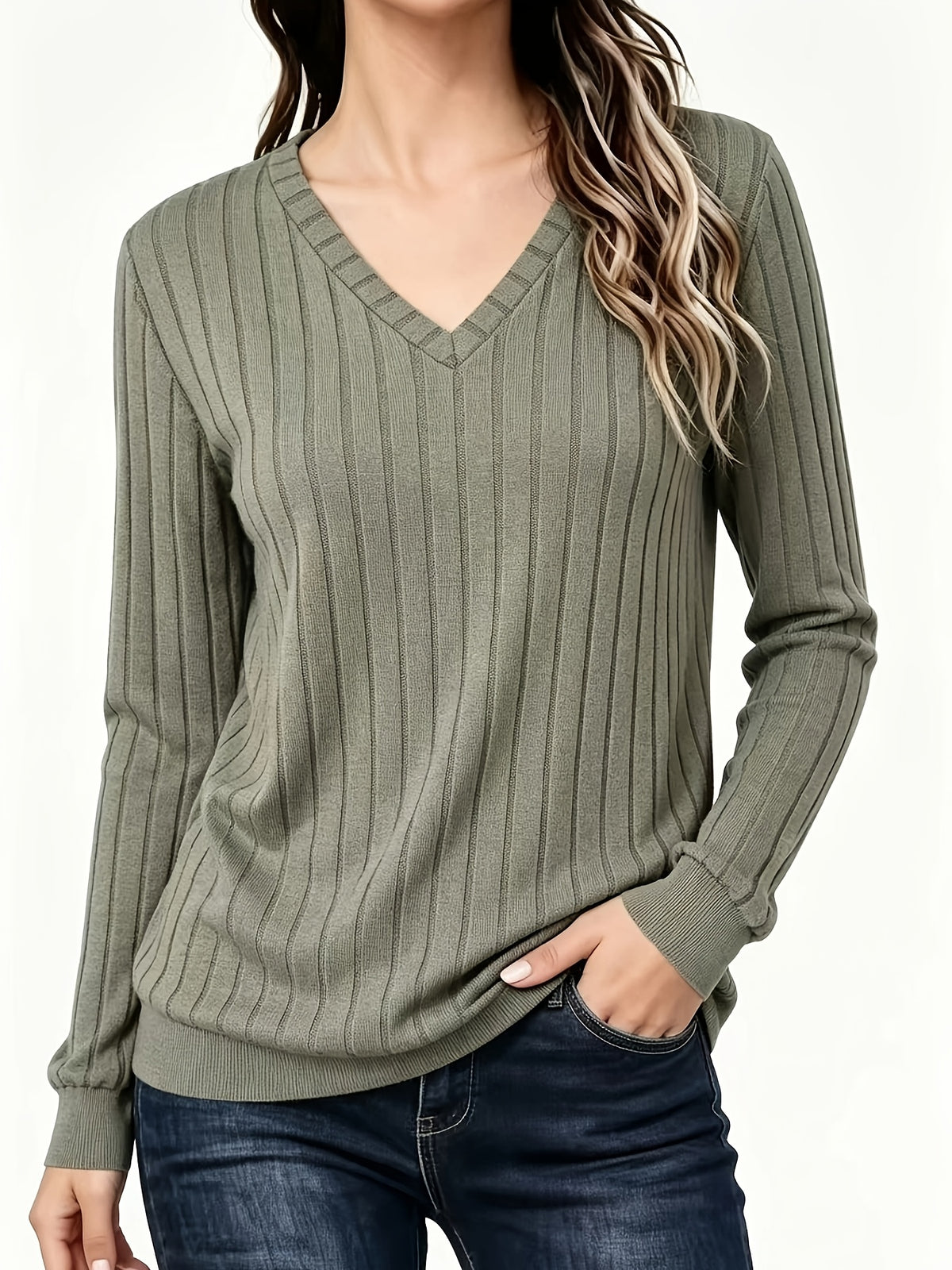 Stina | Gebreid V-hals shirt met medium stretch