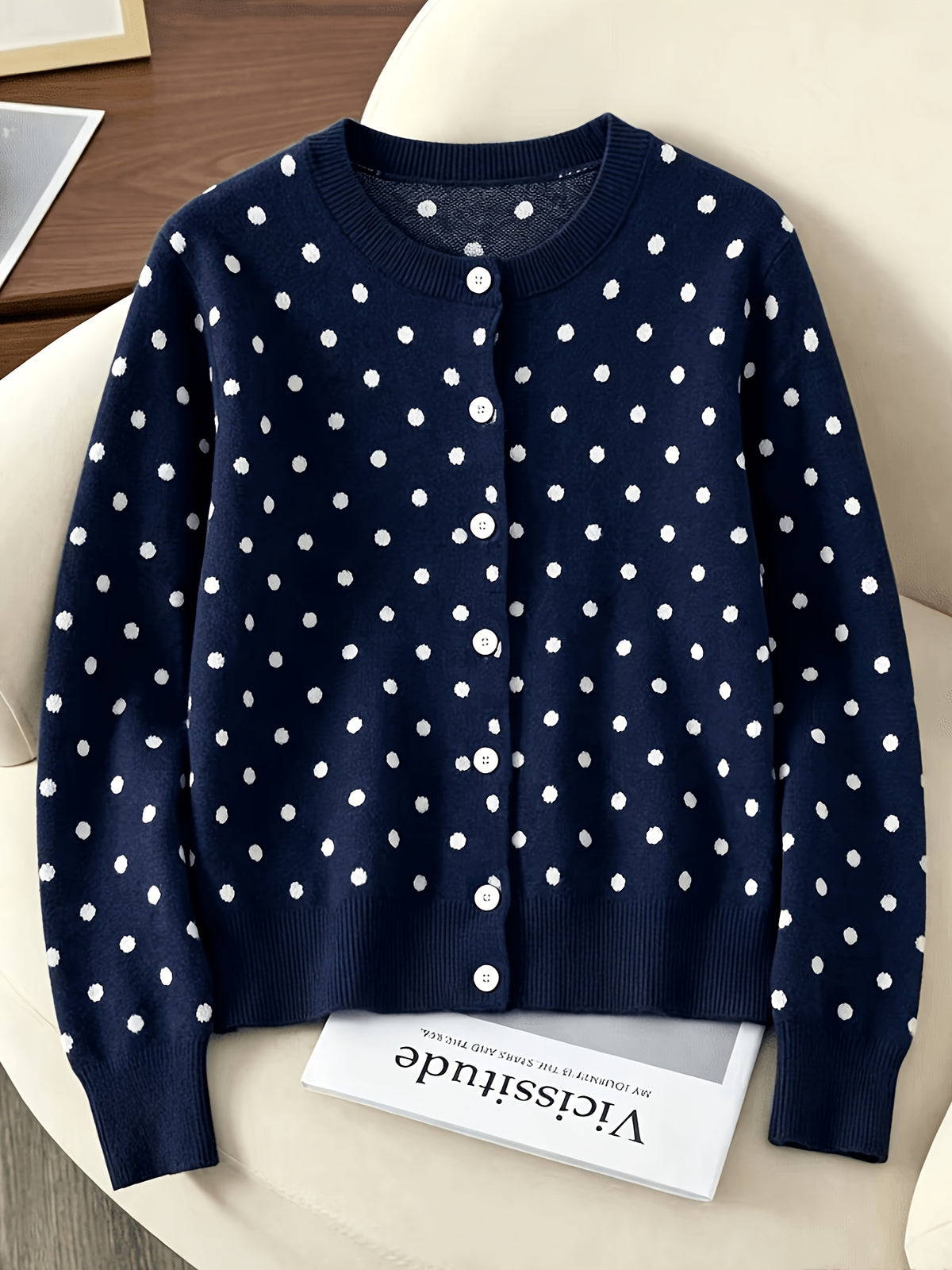 Gesine | Gebreid vest met polkadots en ronde halslijn