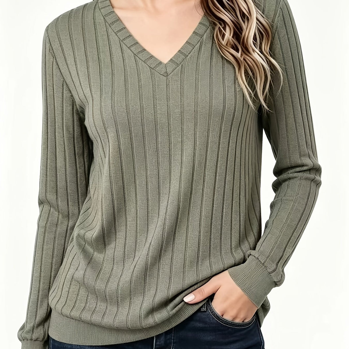 Stina | Gebreid V-hals shirt met medium stretch