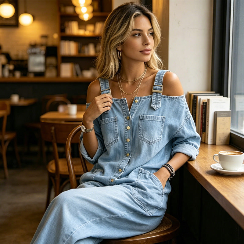 Doortje | Denim Jumpsuit met Cold-Shoulder