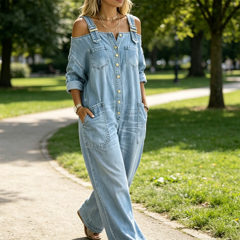 Doortje | Denim Jumpsuit met Cold-Shoulder