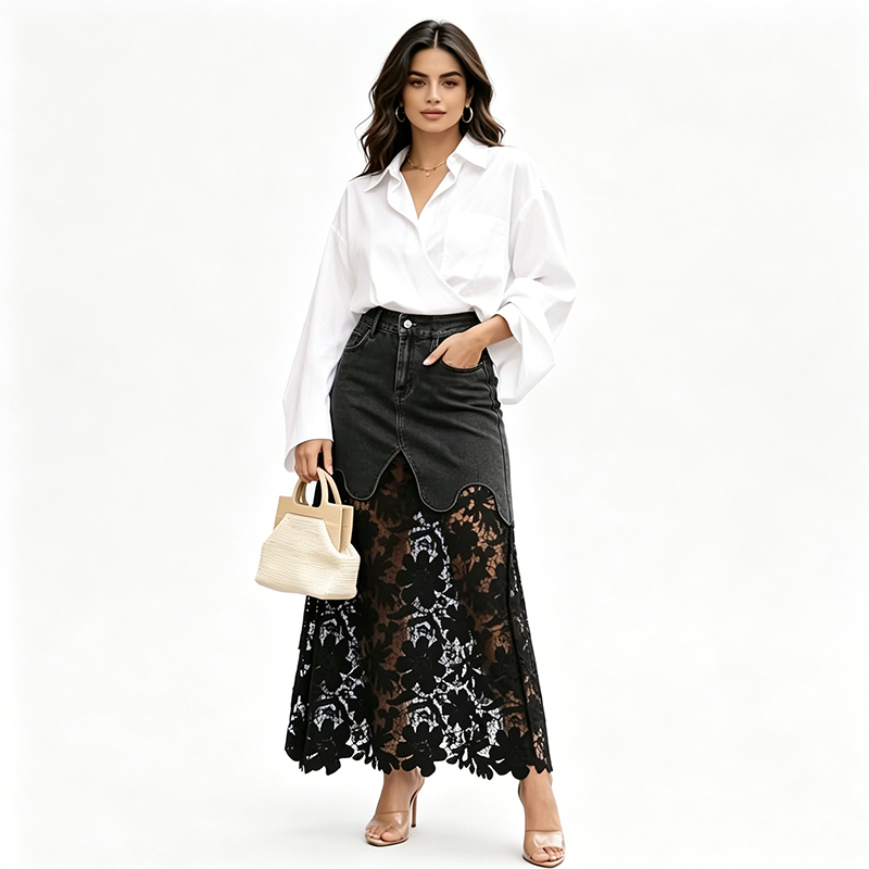 Cyrieke | Denim Rok met Kanten Zoom