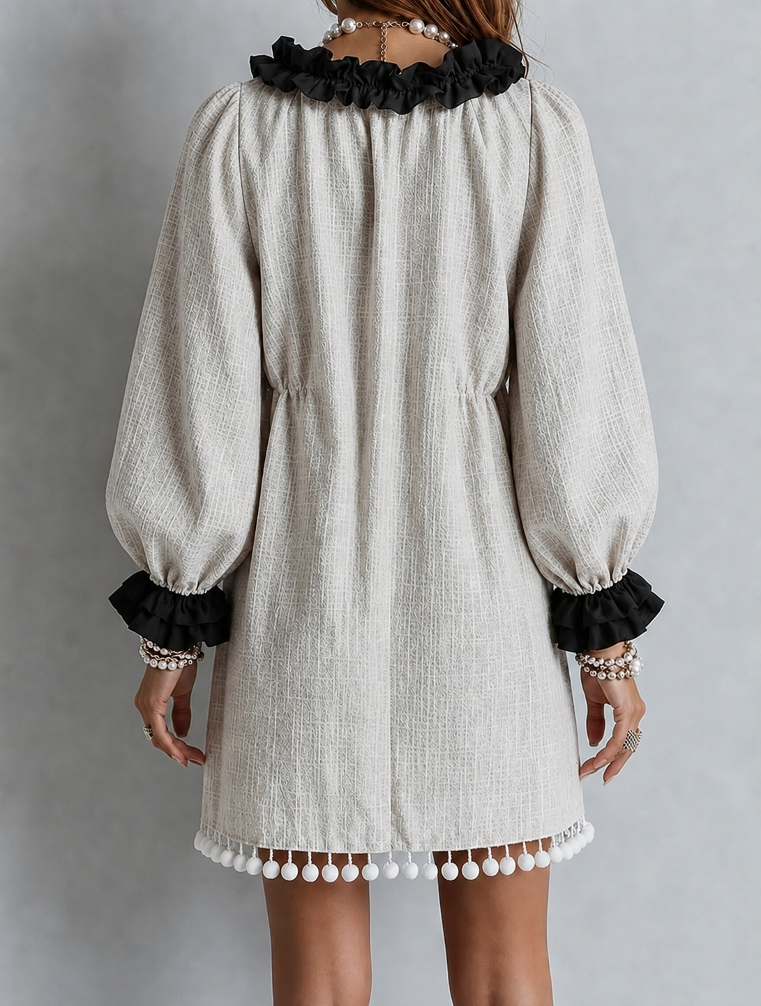 Kleur-Block Slab-Edge Puff Mouwen Tassels Shift Mini Jurk