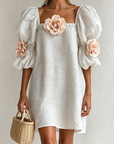 3D Bloemenapplicatie Vierkante Hals Puff Mouw Los Mini Jurk