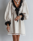 Kleur-Block Slab-Edge Puff Mouwen Tassels Shift Mini Jurk