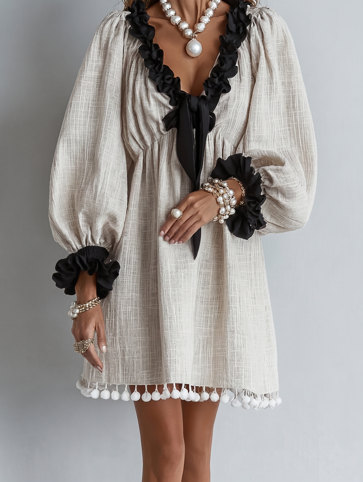 Kleur-Block Slab-Edge Puff Mouwen Tassels Shift Mini Jurk